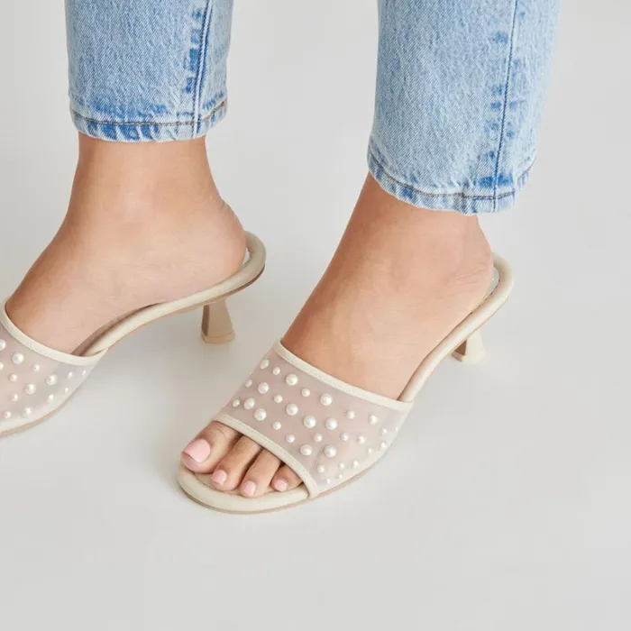 Sandals Women Dolce Vita Meeza Pearl Heels Ivory Mesh