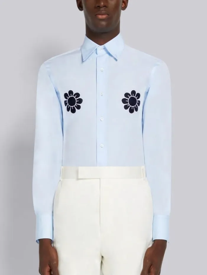 Satin Stitch Floral Applique Classic Fit Shirt Light Blue Men Thom Browne Shirting Satin Stitch Floral Applique Classic Fit Shirt Light Blue Men Thom Browne Shirting