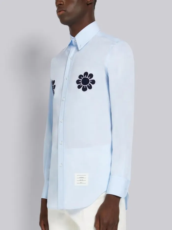 Satin Stitch Floral Applique Classic Fit Shirt Light Blue Men Thom Browne Shirting