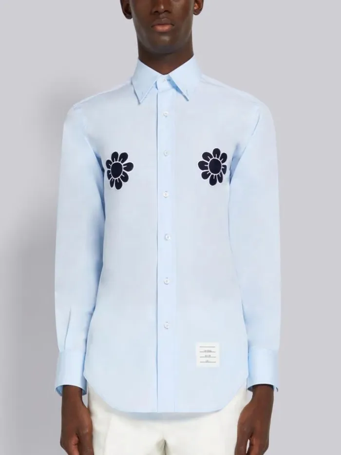 Satin Stitch Floral Applique Classic Fit Shirt Light Blue Men Thom Browne Shirting