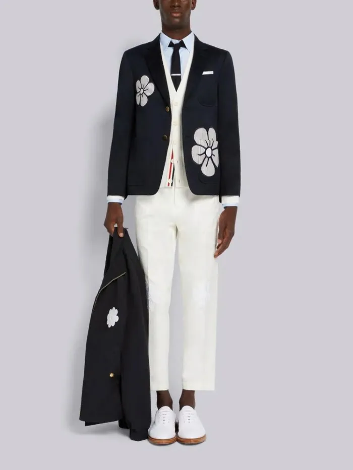 Satin Stitch Floral Applique Classic Fit Shirt Light Blue Men Thom Browne Shirting