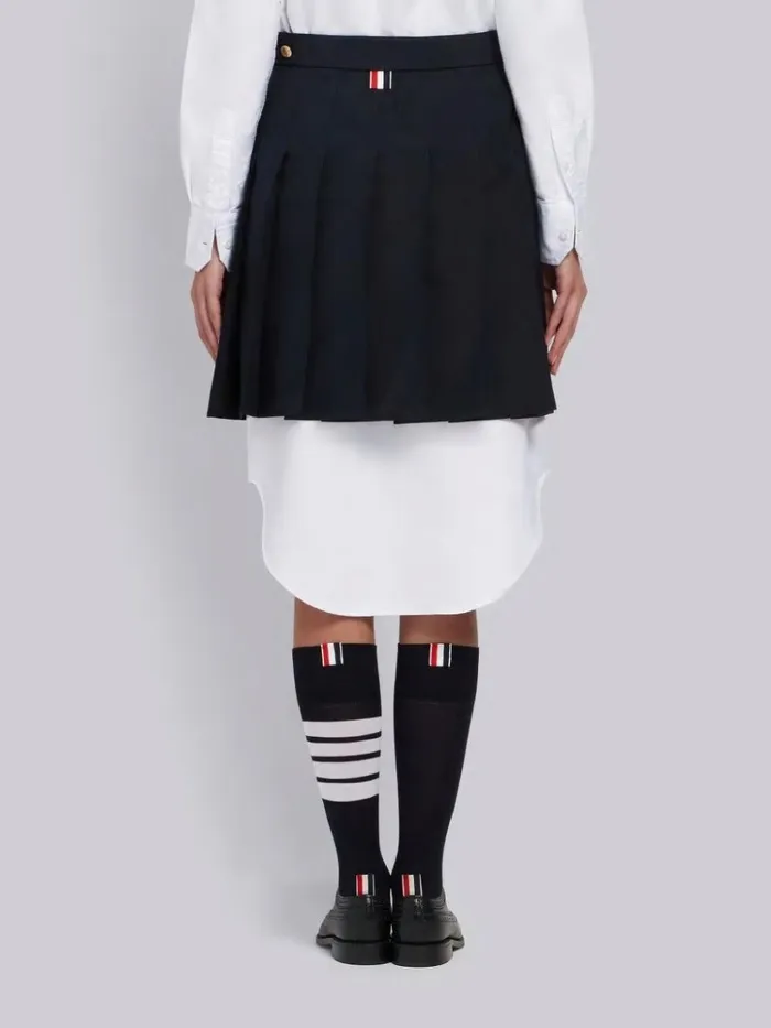 School Uniform Plain Weave Grosgrain Stripe Dropped Back Pleated Mini Skirt Navy Women Thom Browne Skirts