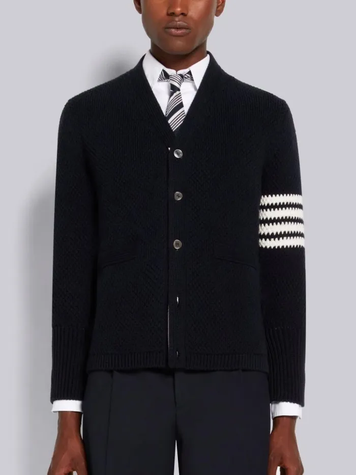 Seed Stitch Cotton 4bar High Neck Cardigan Navy Men Thom Browne Knitwear