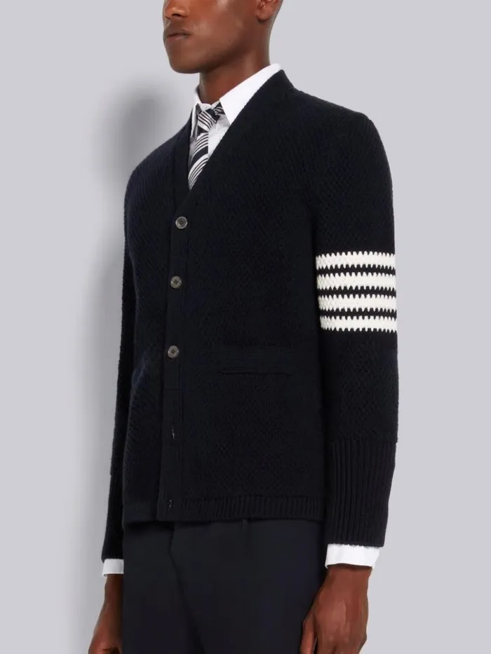 Seed Stitch Cotton 4bar High Neck Cardigan Navy Men Thom Browne Knitwear