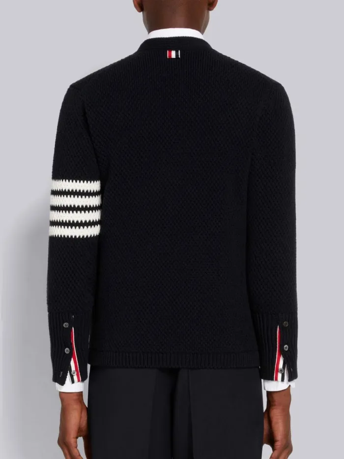 Seed Stitch Cotton 4bar High Neck Cardigan Navy Men Thom Browne Knitwear