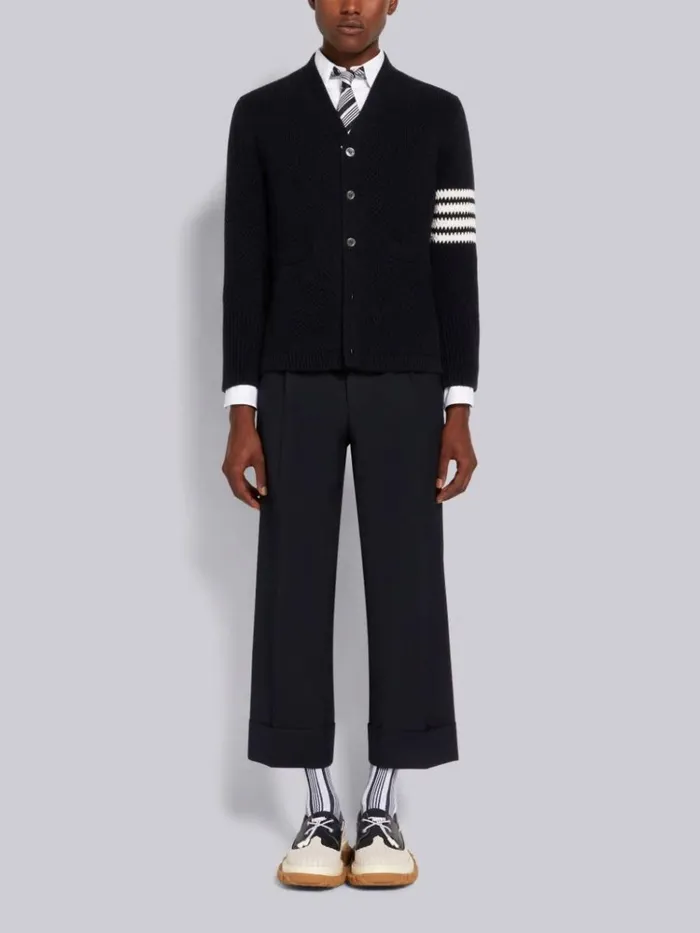 Seed Stitch Cotton 4bar High Neck Cardigan Navy Men Thom Browne Knitwear