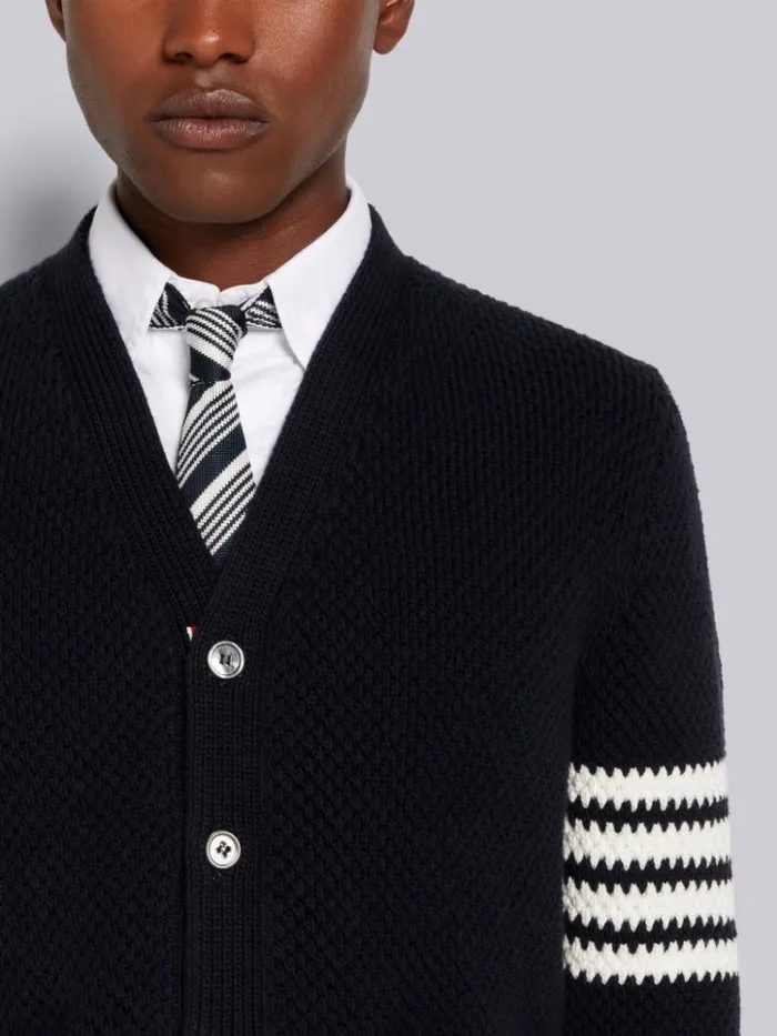 Seed Stitch Cotton 4bar High Neck Cardigan Navy Men Thom Browne Knitwear