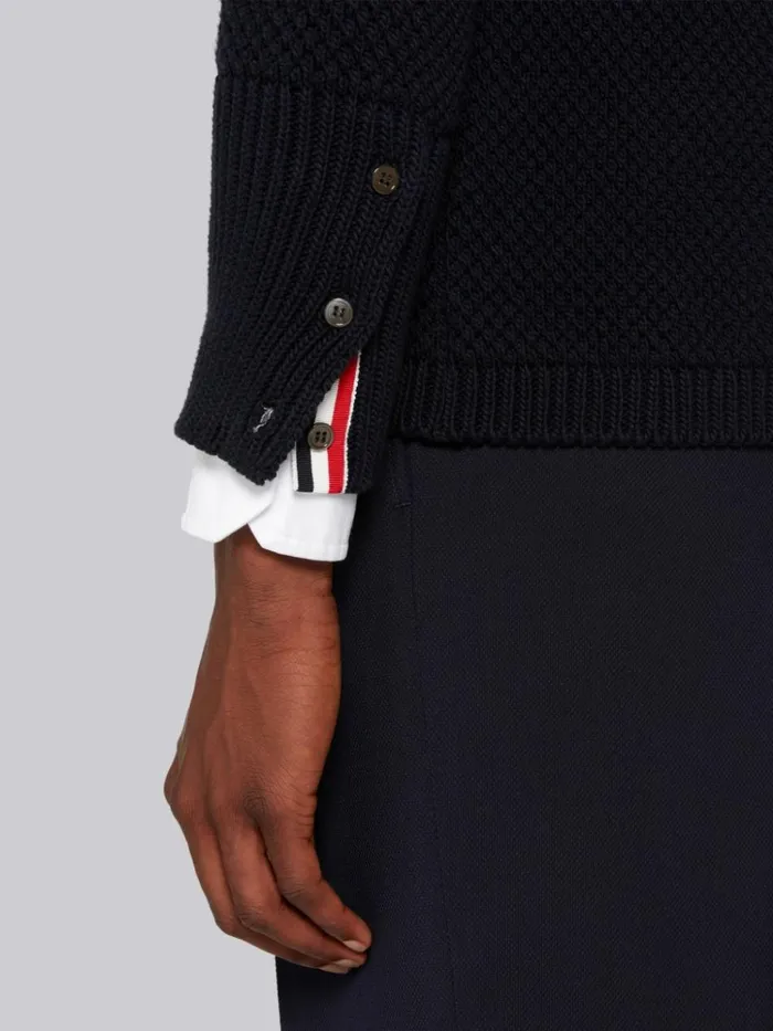 Seed Stitch Cotton 4bar High Neck Cardigan Navy Men Thom Browne Knitwear