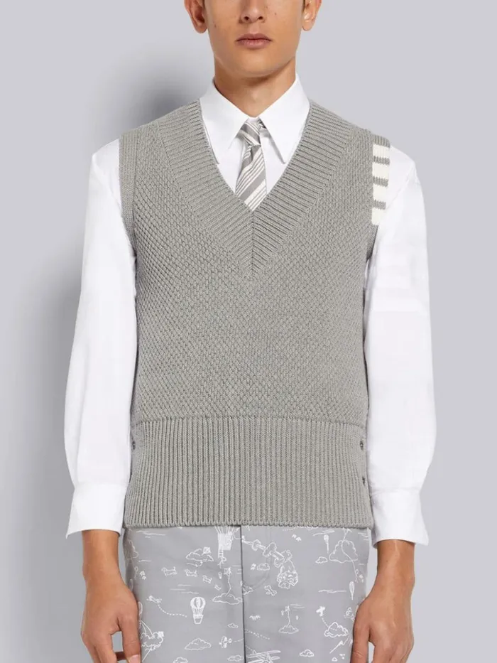 Seed Stitch Cotton 4bar Vneck Vest Light Grey Men Thom Browne Knitwear