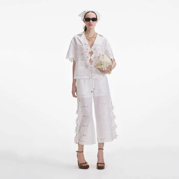 Self Portrait Bottoms Cream Linen Embroidered Trousers 8211 Women