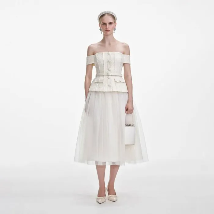 Self Portrait Bridal Cream Boucle Tulle Midi Dress 8211 Women