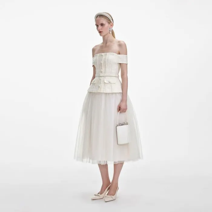 Self Portrait Bridal Cream Boucle Tulle Midi Dress 8211 Women