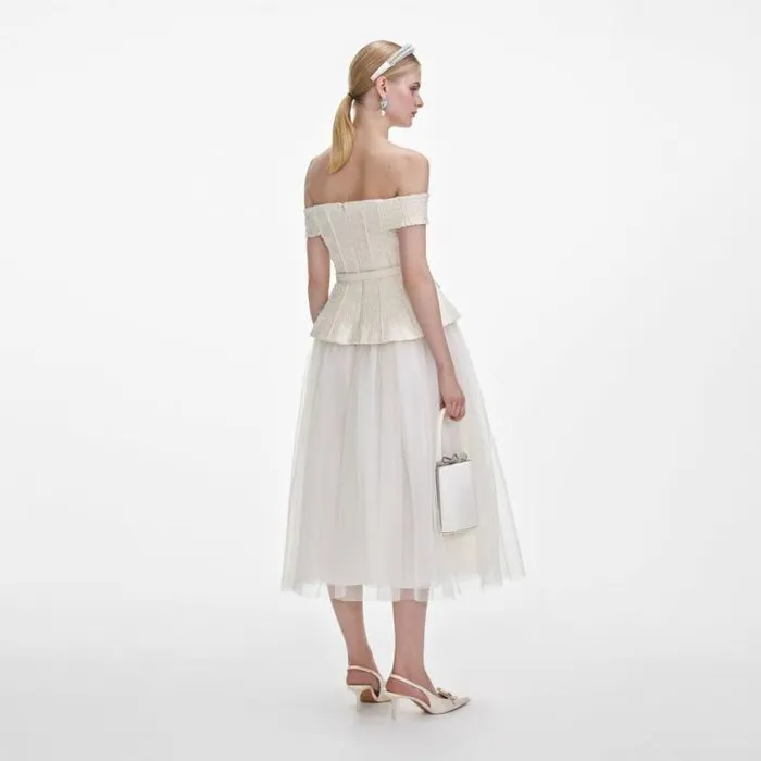 Self Portrait Bridal Cream Boucle Tulle Midi Dress 8211 Women