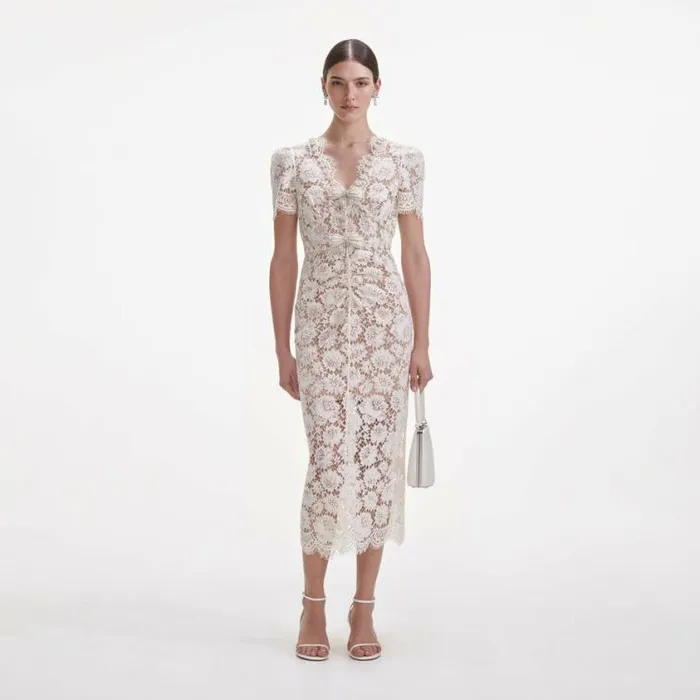 Self Portrait Bridal Cream Fine Lace Pearl Midi Dress 8211 Women