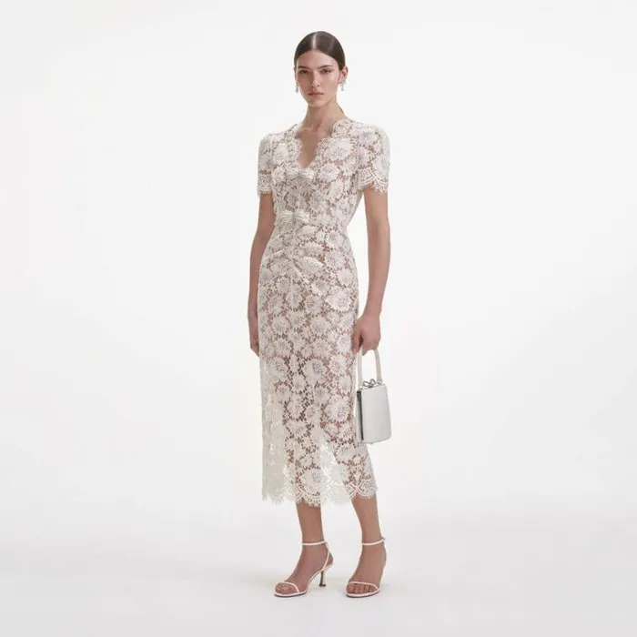 Self Portrait Bridal Cream Fine Lace Pearl Midi Dress 8211 Women