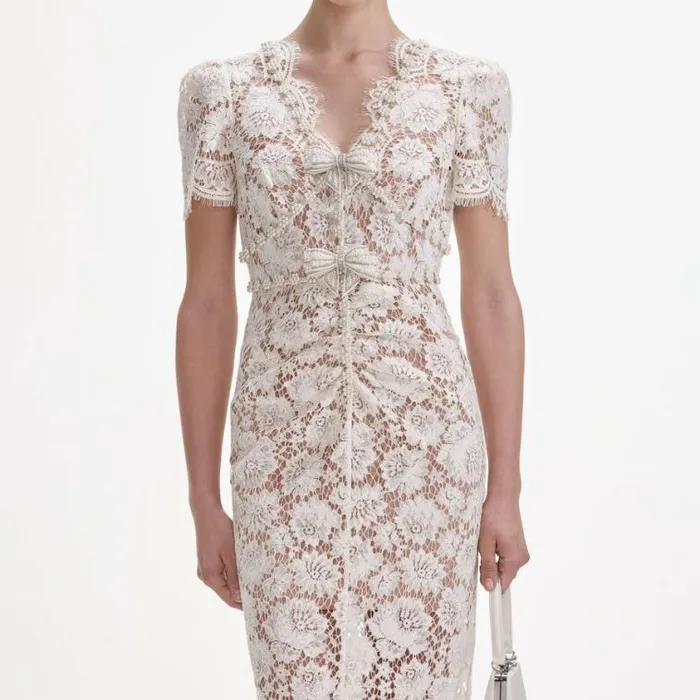 Self Portrait Bridal Cream Fine Lace Pearl Midi Dress 8211 Women