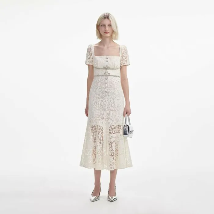 Self Portrait Bridal Cream Lace Diamante Bow Midi Dress 8211 Women