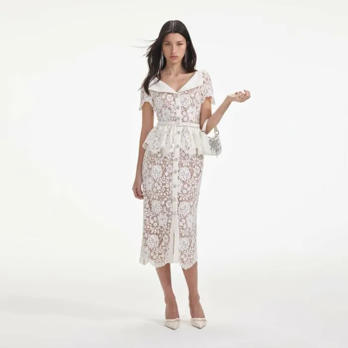 Self Portrait Bridal Cream Lace Peplum Midi Dress 8211 Women