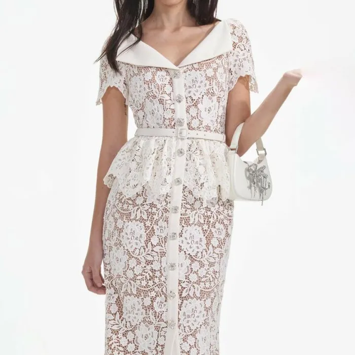Self Portrait Bridal Cream Lace Peplum Midi Dress 8211 Women Self Portrait Bridal Cream Lace Peplum Midi Dress 8211 Women