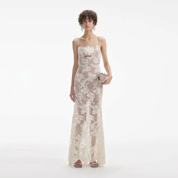 Self Portrait Bridal Cream Rhinestone Lace Maxi Dress 8211 Women