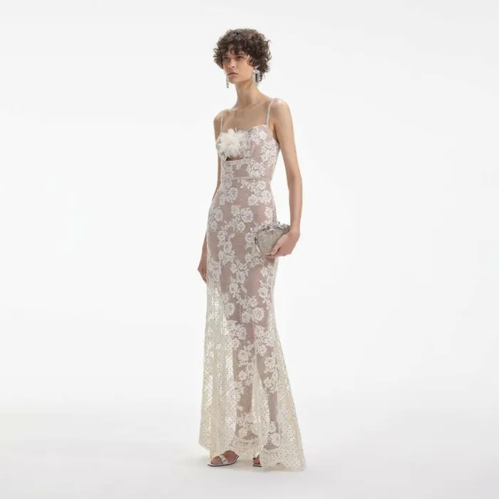 Self Portrait Bridal Cream Rhinestone Lace Maxi Dress 8211 Women