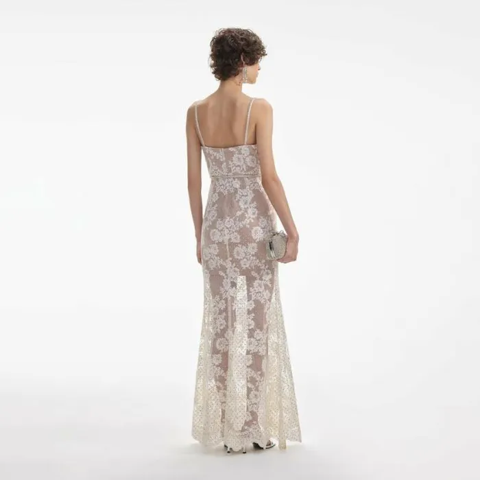 Self Portrait Bridal Cream Rhinestone Lace Maxi Dress 8211 Women