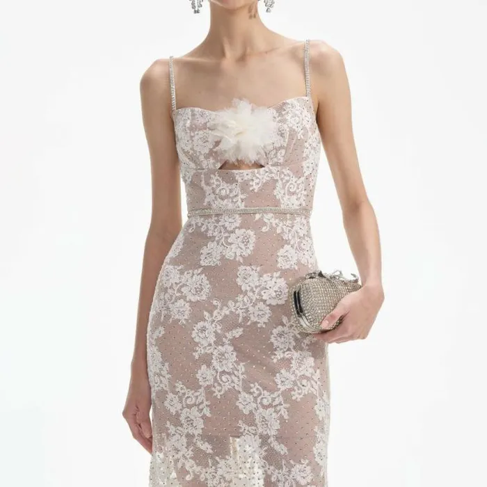 Self Portrait Bridal Cream Rhinestone Lace Maxi Dress 8211 Women