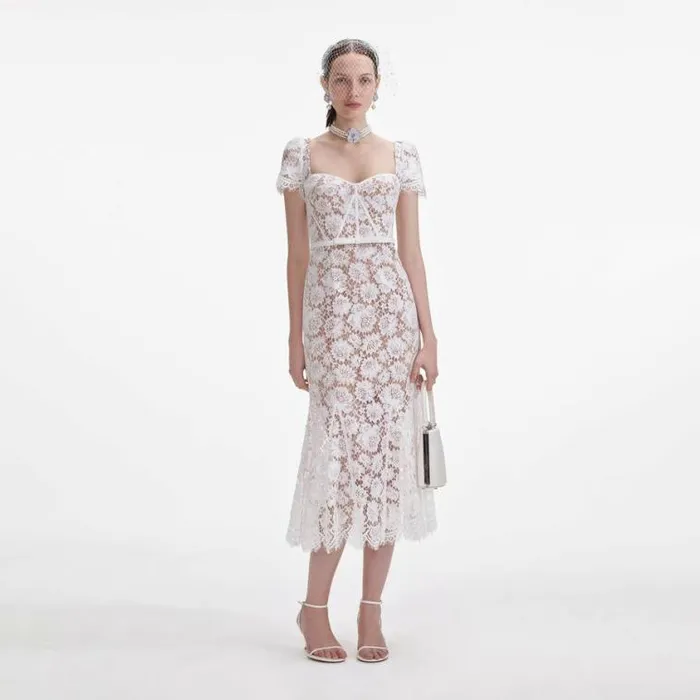 Self Portrait Bridal White Fine Lace Midi Dress 8211 Women