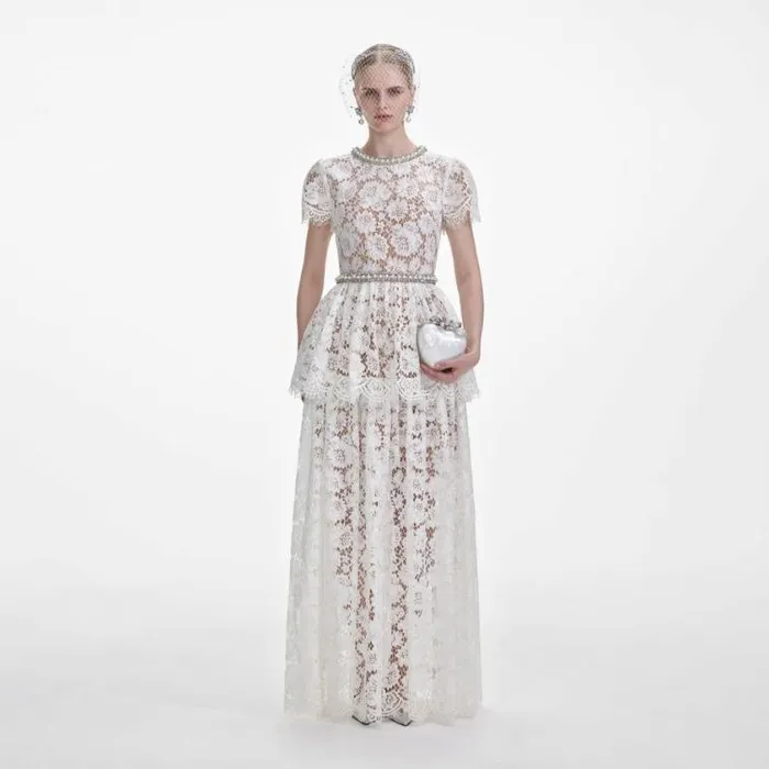 Self Portrait Bridal White Lace Tiered Maxi Dress 8211 Women