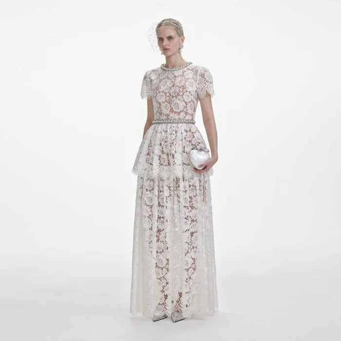 Self Portrait Bridal White Lace Tiered Maxi Dress 8211 Women