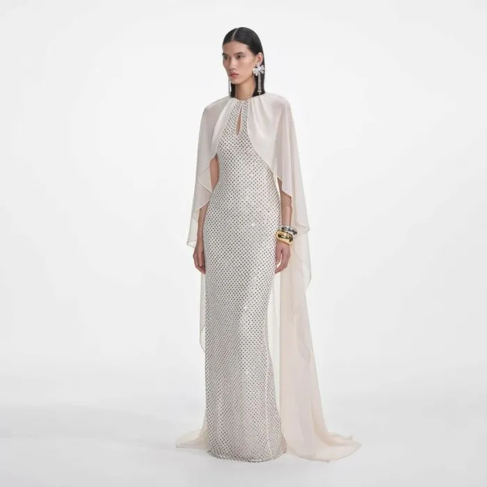 Self Portrait Bridesmaid Cream Rhinestone Cape Maxi Dress 8211 Women