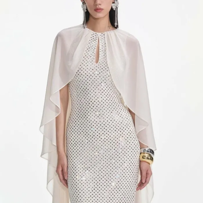 Self Portrait Bridesmaid Cream Rhinestone Cape Maxi Dress 8211 Women