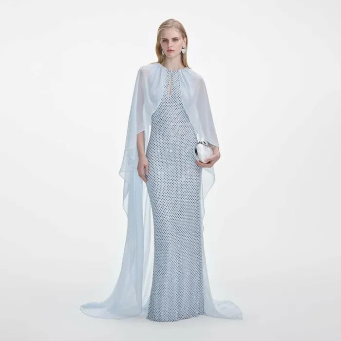 Self Portrait Bridesmaid Pale Blue Rhinestone Cape Maxi Dress 8211 Women