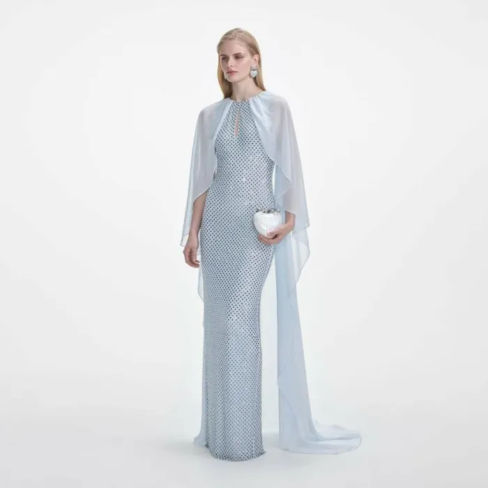 Self Portrait Bridesmaid Pale Blue Rhinestone Cape Maxi Dress 8211 Women