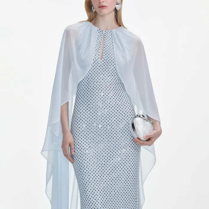 Self Portrait Bridesmaid Pale Blue Rhinestone Cape Maxi Dress 8211 Women