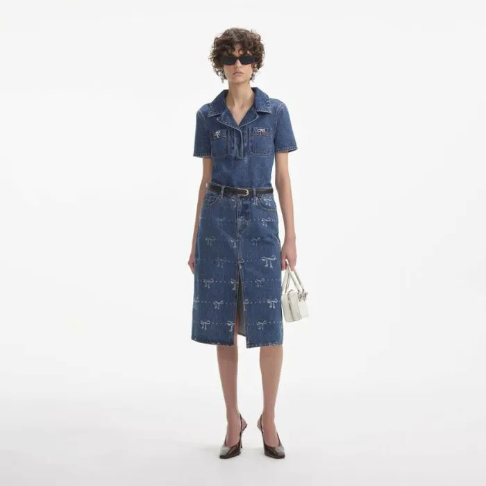 Self Portrait Denim Bow Trim Denim Top 8211 Women