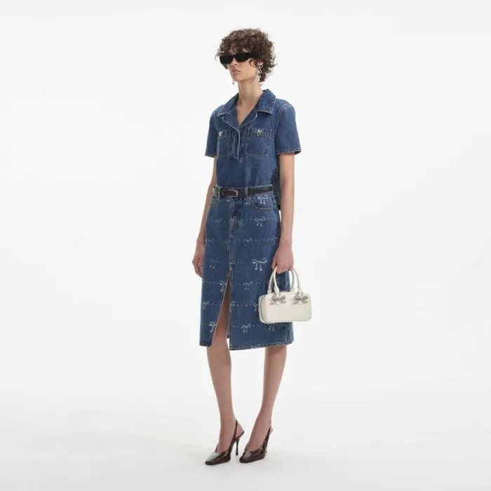 Self Portrait Denim Bow Trim Denim Top 8211 Women