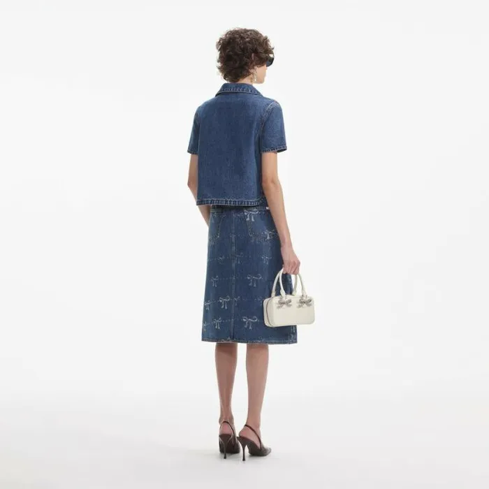 Self Portrait Denim Bow Trim Denim Top 8211 Women