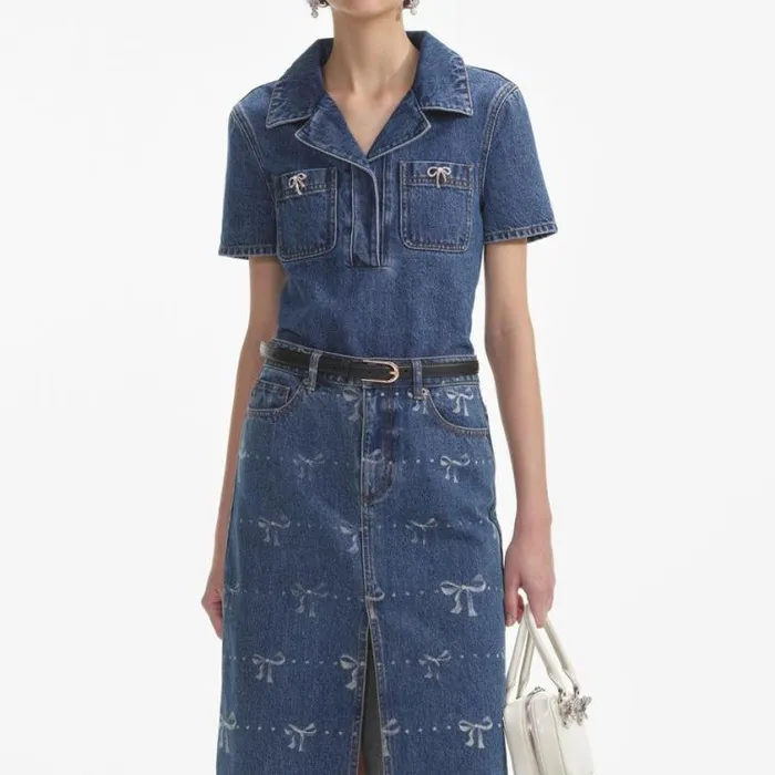 Self Portrait Denim Bow Trim Denim Top 8211 Women