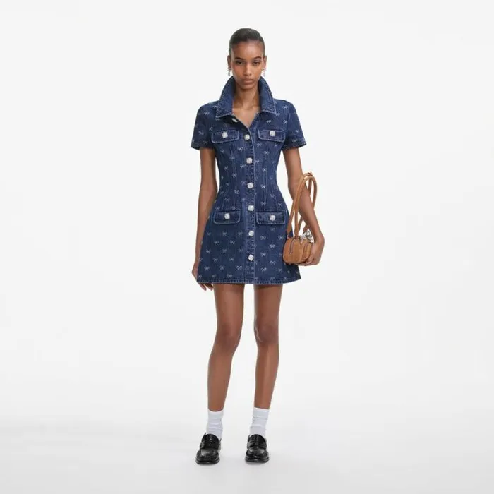 Self Portrait Denim Denim Diamante Bow Collared Mini Dress 8211 Women
