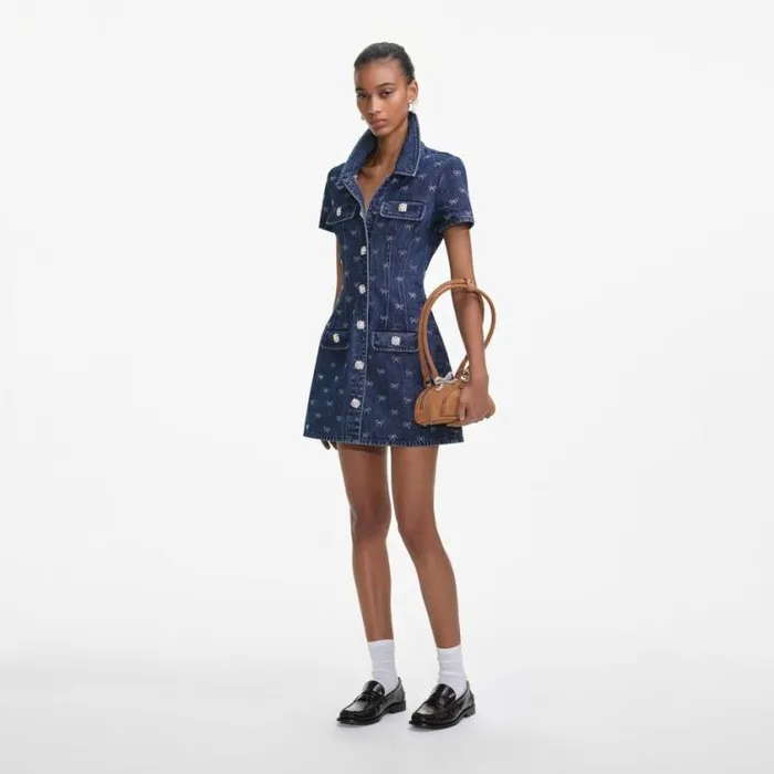 Self Portrait Denim Denim Diamante Bow Collared Mini Dress 8211 Women