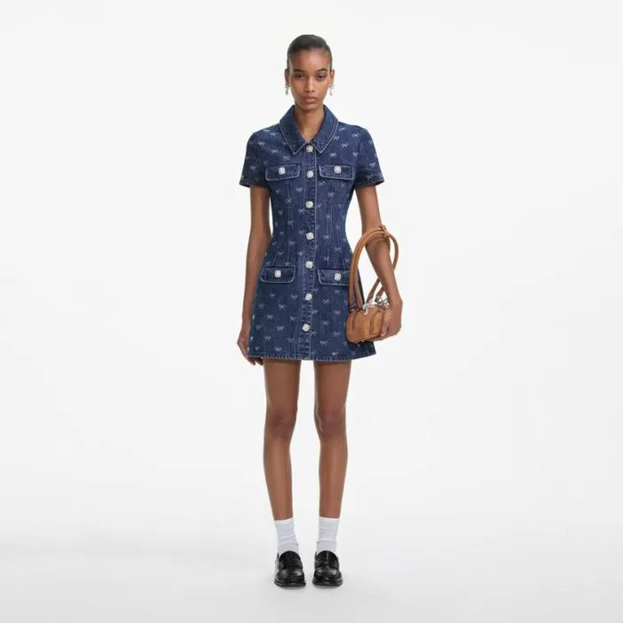 Self Portrait Denim Denim Diamante Bow Collared Mini Dress 8211 Women