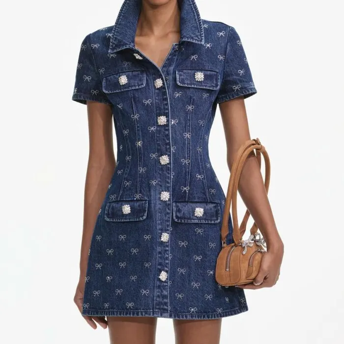 Self Portrait Denim Denim Diamante Bow Collared Mini Dress 8211 Women