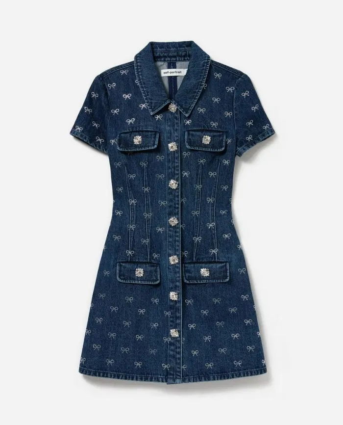 Self Portrait Denim Denim Diamante Bow Collared Mini Dress 8211 Women