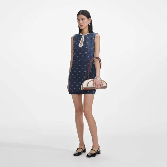 Self Portrait Denim Denim Diamante Bow Mini Dress 8211 Women