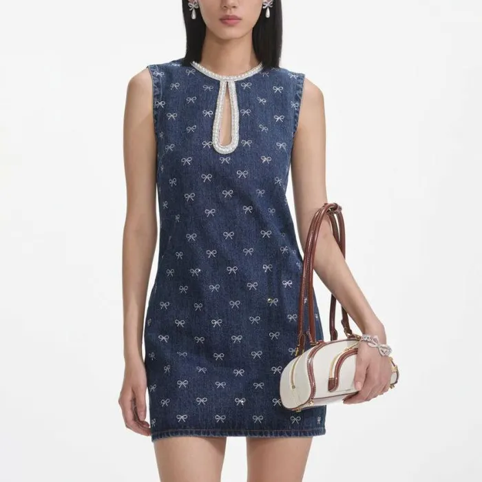 Self Portrait Denim Denim Diamante Bow Mini Dress 8211 Women