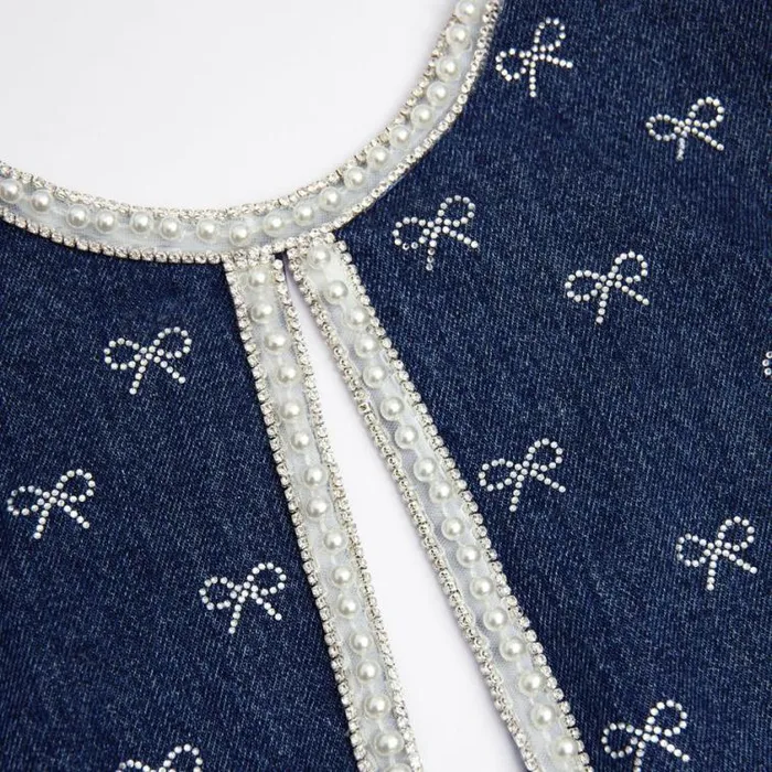 Self Portrait Denim Denim Diamante Bow Mini Dress 8211 Women