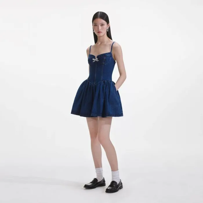 Self Portrait Denim Denim Diamante Bow Sweetheart Mini Dress 8211 Women