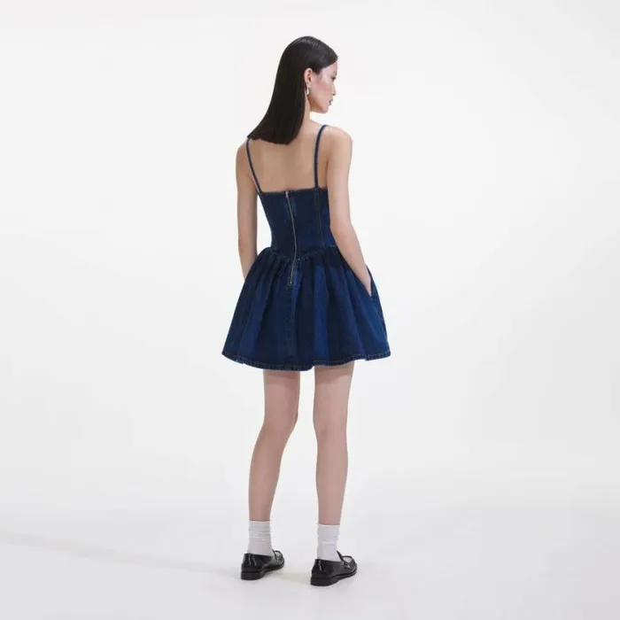 Self Portrait Denim Denim Diamante Bow Sweetheart Mini Dress 8211 Women