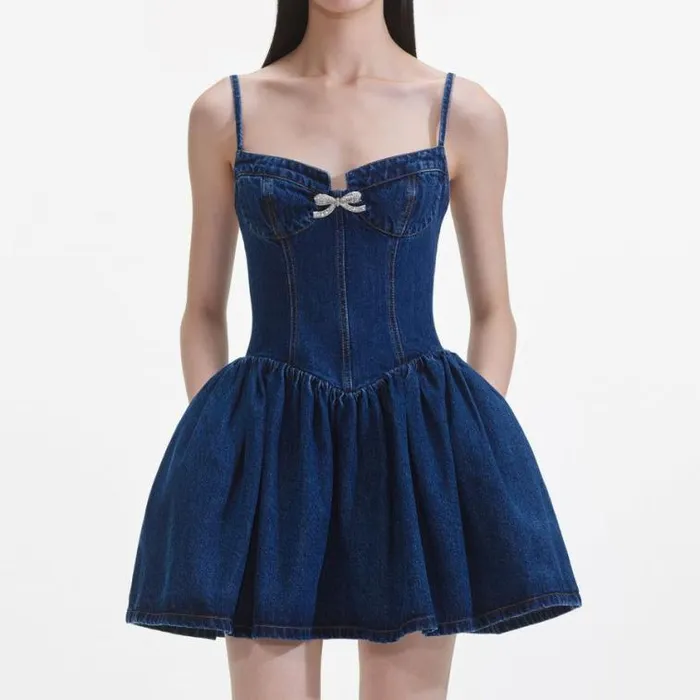 Self Portrait Denim Denim Diamante Bow Sweetheart Mini Dress 8211 Women